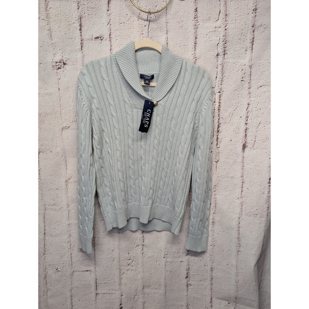 Chaps Light Blue Cable Knit Fisherman's Sweater Women's Size‎ L Shawl Collar NWT